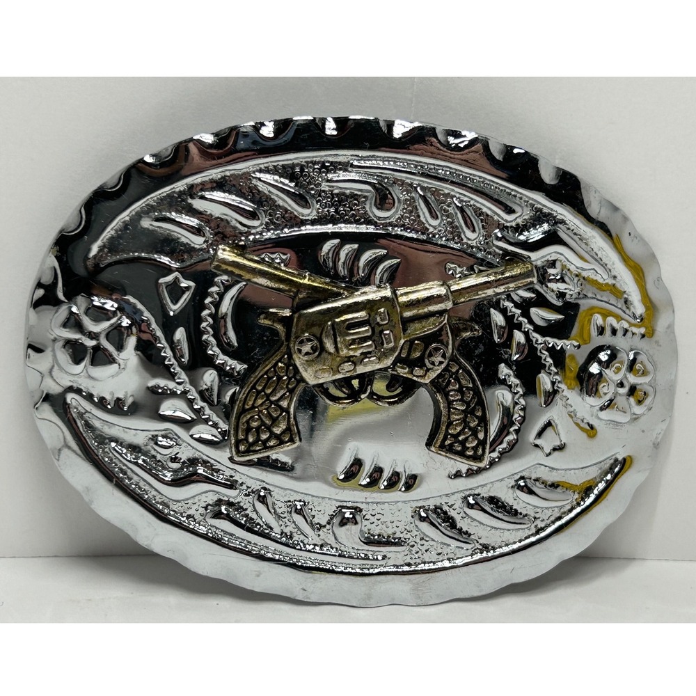 Western Cowboy Revolver Belt Buckle Silver Tone‎ Metal Oval